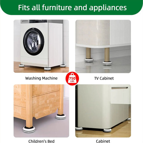 Image of Heavy Duty Furniture Movers With Wheels Supports Up To 750 Lbs under various furniture pieces including a washing machine and cabinet.