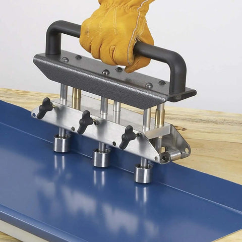 Three Station Roller Bender for roofing sheet metal handling 0.01 to 0.04 inch metal, heavy duty tool for 0 to 90 degree folds, ideal for steel aluminum copper.