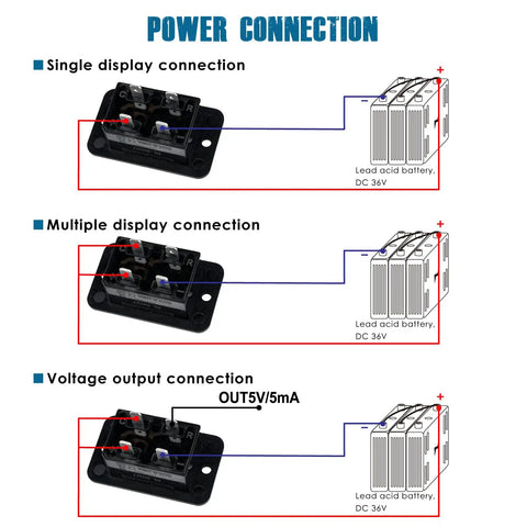 Runleader Lead Acid Battery Monitor DC 36V power connection diagram showing single and multiple display setups.