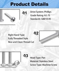 Image showing 30 Pcs M4x45mm Pan Head Phillips Machine Screws 304 Stainless Steel Fully Threaded 1.75 In For Furniture Repairs And 3D Printers In A Durable Plastic Storage Box with screw details.