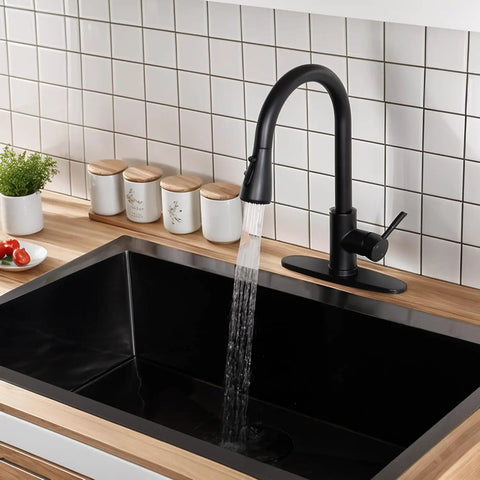 Stainless Steel Kitchen Faucet With Pull Down Sprayer, Farmhouse Brushed Nickel Finish, in use over modern black sink