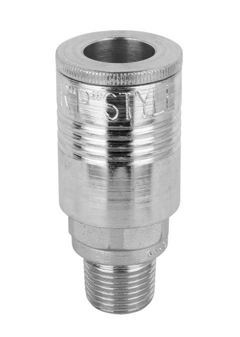 Three Eighths Inch Male Coupler P Style Quick Connect For Pneumatic Air Tools Pro Grade Box Of Five Heavy Duty Air Fittings close-up view
