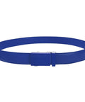 Genuine Leather Ratchet Dress Belt With Automatic Buckle, 33mm Buckle, 1.25 Inch Strap, adjustable blue belt displayed in a circle