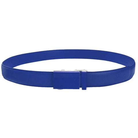Genuine Leather Ratchet Dress Belt With Automatic Buckle, 33mm Buckle, 1.25 Inch Strap, adjustable blue belt displayed in a circle