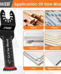 Japanese Teeth Multitool Blades 10 Pack Extra Long Zero Cut Saw Kit For Lumber Plywood And Drywall No Sweat Precision Cuts showing saw blade on different materials.