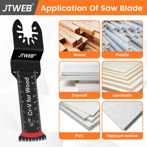 Japanese Teeth Multitool Blades 10 Pack Extra Long Zero Cut Saw Kit For Lumber Plywood And Drywall No Sweat Precision Cuts showing saw blade on different materials.