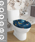 Elongated Resin Toilet Seat for Bathroom in starry night design on white toilet, easy to clean and ergonomic style.