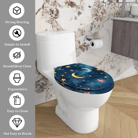Elongated Resin Toilet Seat for Bathroom in starry night design on white toilet, easy to clean and ergonomic style.