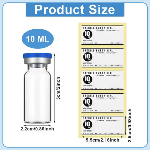 Front view of a 10 ml sealed sterile empty glass vial with blue cap; includes 20 label stickers.
