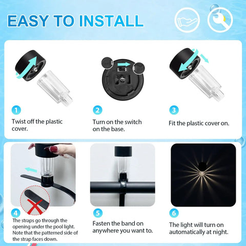 Installation steps for Six Pack Solar Pool Lights For Framed Above Ground Pools Waterproof Outdoor Garden Night Lights Easy Install Warm White Glow For Pool Deck Fence And Yard Decor Gray.