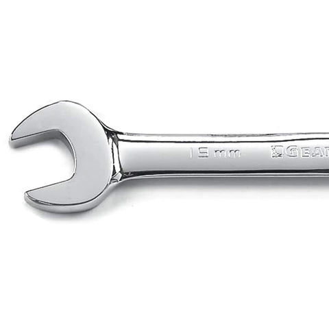 15mm open-end wrench from 20 Piece Ratcheting Combination Wrench Set With SAE And Metric Sizes, 72 Tooth Ratchet, Off Corner Loading Design, Pass Through Technology For Deep, Quick Fastener Work.