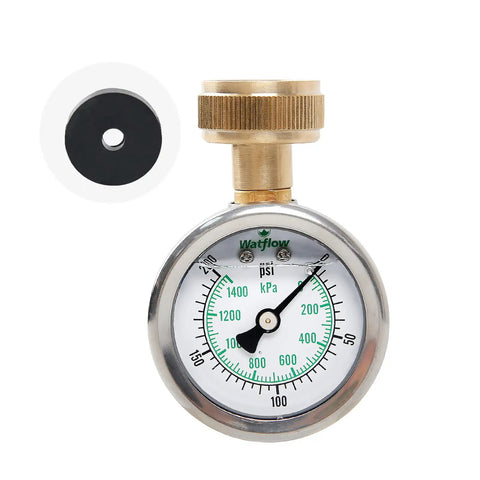 2 Inch Glycerin Filled Stainless Steel Water Pressure Gauge, 3/4 Inch Female Hose Thread, 0-200 Psi and KPa, front view