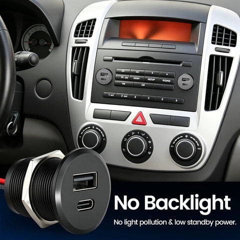 Road Ready 24W USB C Car Charger Featuring Slick Aluminum Housing And Snappy PD 3.0 Plus QC 3.0 Fast Charging For RVs Trucks And Sedans Dash Outlet Plug And Play Power Hub installed in vehicle dash with dual USB ports.