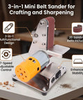Oreilet 3 In 1 Mini Belt Sander With 7 Speed Adjustable Settings And 20 Sanding Belts For Knife Sharpening Woodworking And Jewelry Polishing Compact Bench Grinder Tool on a workbench with sanding belts.