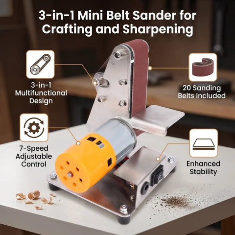 Oreilet 3 In 1 Mini Belt Sander With 7 Speed Adjustable Settings And 20 Sanding Belts For Knife Sharpening Woodworking And Jewelry Polishing Compact Bench Grinder Tool on a workbench with sanding belts.