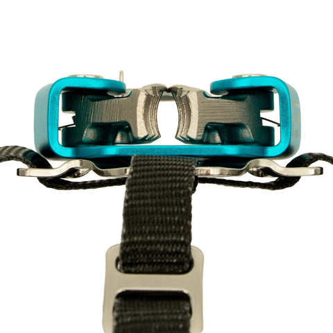 Close-up of Foot Ascender With Toothless Dual Cams For Reduced Wear And Drag On Climbing Line Use On Either Foot Self Tending Design
