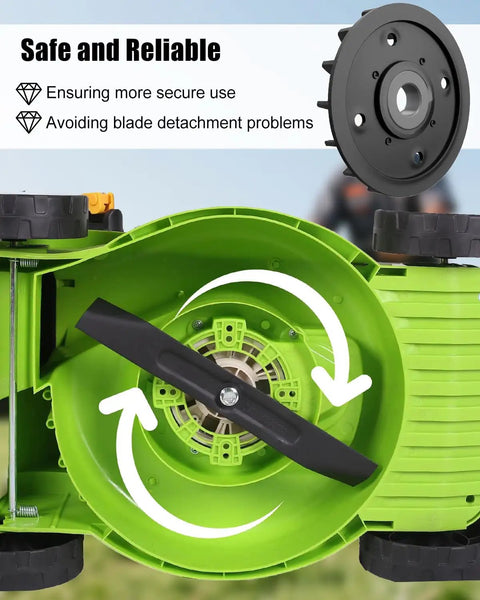 Lawn Mower Blade Replacement Kit For 21 Inch Dual Blade Mowers LM2130SP LM2150SP LM2160SP Includes Bolts Nuts And Washer Easy Install Built Tough For Long Lasting Cut; close-up of blade installation showing secure fitting underneath lawn mower.