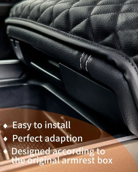 Close-up of Ram 1500 Center Console Cover 2019 To 2026 Anti Scratch PU Leather Armrest Pad Cushion with easy install feature.