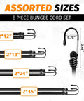 Heavy Duty Bungee Cords With Hooks Eight Pack In Four Sizes 12, 18, 24, And 36 Inch One Third Inch Thick with dimensions shown