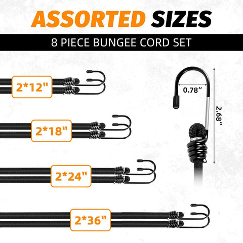 Heavy Duty Bungee Cords With Hooks Eight Pack In Four Sizes 12, 18, 24, And 36 Inch One Third Inch Thick with dimensions shown