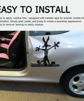 Scratch And Dent Fix Car Decal With Funny Cartoon Splat Wall Sticker For Cars Trucks Bumpers Laptops And Motorcycles Turns Scratches Into Laughs For Real 7 By 11 Inches displayed on a car door, easy to install with instructions visible