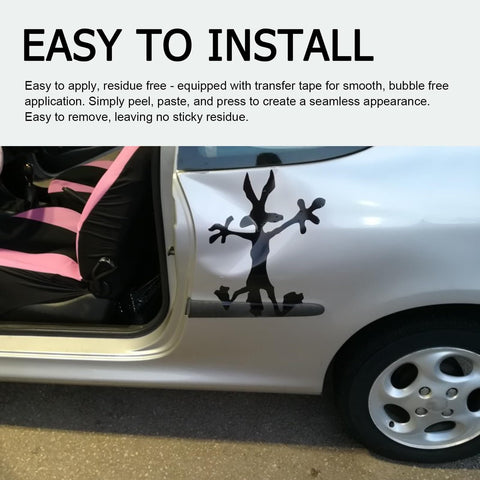 Scratch And Dent Fix Car Decal With Funny Cartoon Splat Wall Sticker For Cars Trucks Bumpers Laptops And Motorcycles Turns Scratches Into Laughs For Real 7 By 11 Inches displayed on a car door, easy to install with instructions visible