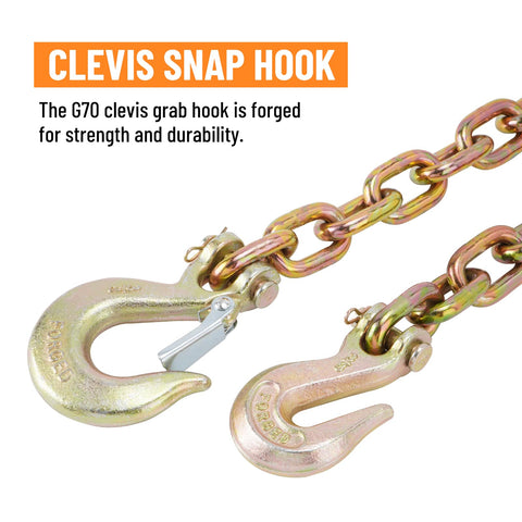 3/8 Inch Binder Chain With Clevis Grab Hooks 8 Ft Trailer Safety Chain Grade 70 showing close view of clevis grab hooks