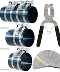 Blue piston ring compressor kit with three sizes (3, 4, 6 in) and adjustable installation pliers, L-wrenches, feeler gauge.