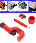 4 Piece Tubing Cutter Set Built Tough Pipe Cutter For 1/4 To 2 Inch Pipes Includes Mini Tube Cutter 1/8 To 7/8 Inch With Deburring Tool For Copper Aluminum Stainless Steel And PVC showing red cutters and pipe materials