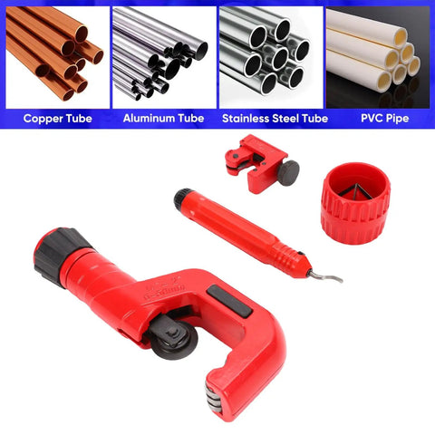 4 Piece Tubing Cutter Set Built Tough Pipe Cutter For 1/4 To 2 Inch Pipes Includes Mini Tube Cutter 1/8 To 7/8 Inch With Deburring Tool For Copper Aluminum Stainless Steel And PVC showing red cutters and pipe materials