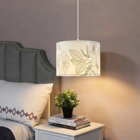 Plug In Pendant Light With 15 Ft Adjustable Hanging Lamp Cord And Toggle Switch, Floral Fabric Shade, Tri Color Led Bulbs, Totally Awesome Indoor Fixture For Bedroom Living Room Dining And Chill Vibes above a bedside table.