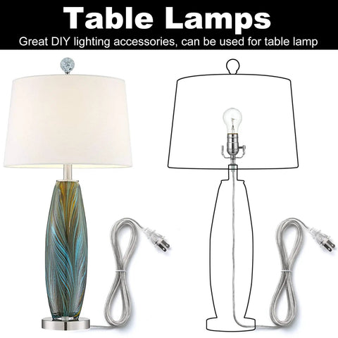 DIY Lamp Wiring Kit With 3 Way Socket, 12 Ft Cord, Hardware Pack And Table Lamp Repair Parts shown with table lamp illustration