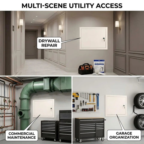 No Sweat Steel Access Panel For Drywall Featuring Keyed Lock And Flush Mount Setup To Hide Valves While Keeping Your Walls Clean And Plumbing Systems Fully Squared Away in various interior settings.