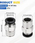 Five Pack Push To Connect Fittings For 0.31 Inch Tube One Quarter NPT Nickel Plated Brass Straight Pneumatic Male Adapters Heavy Duty Quick Connect Air Line Fittings For Pneumatic Systems Black shown with dimensions