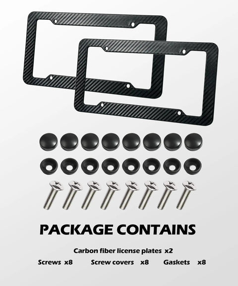 2 Pack Carbon Fiber Look License Plate Frames With Fasteners, Screws, And Washers Included, shown with components.