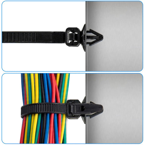 Close-up of wire loom routing clip securing colored cables, part of 200 Piece All In One Wire Loom Routing Clip Kit For Automotive Wiring Harness Clips And Ties Set 15 Sizes Push Mount Clips Nylon Cable Ties Retainers Universal Wiring Harness Replacement For Trucks And Cars.