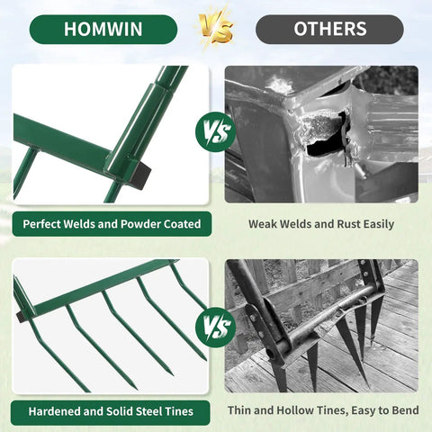 Comparison of heavy duty five tine broad fork with steel handle and other tools, highlighting weld quality and tine strength.