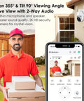 Wireless Solar Outdoor Security Camera With Pan Tilt, 3MP Color Night Vision watching delivery person holding packages.