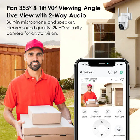 Wireless Solar Outdoor Security Camera With Pan Tilt, 3MP Color Night Vision watching delivery person holding packages.