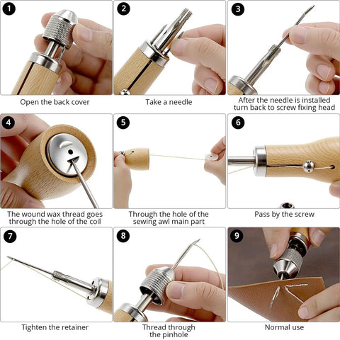 Step-by-step guide for using All-In-One Leather Sewing Kit With Waxed Thread, 40-Piece Awl Set for leather crafting.