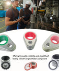 Factory workers inspecting machinery with overlay of colorful factory components, emphasizing product quality and reliability.