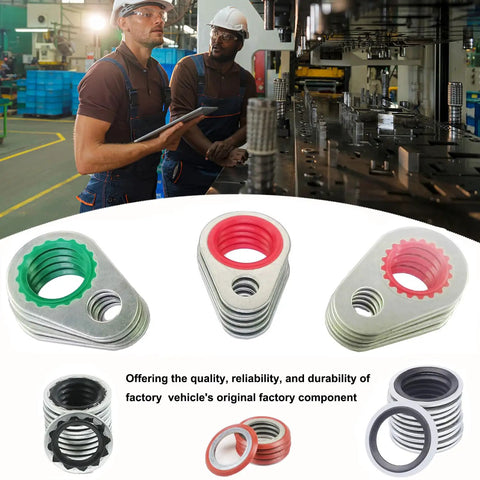 Auto AC Seal Kit 275 Piece O Ring And Gasket Set with washers and metal components, factory worker in background