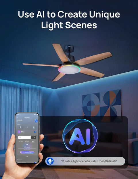 Straight Premium 52 Inch Smart Rgbic Ceiling Fan With Totally Lit Dimmable Lights And App Control for AI-controlled lighting.