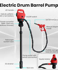 Heavy Duty Electric Drum Pump Is A Real Heavy Hitter Delivering Killer 5 Gpm Flow With Flexible Dual 120V AC And 12V DC Hookups To Move Diesel DEF Water Antifreeze, showing pump features.