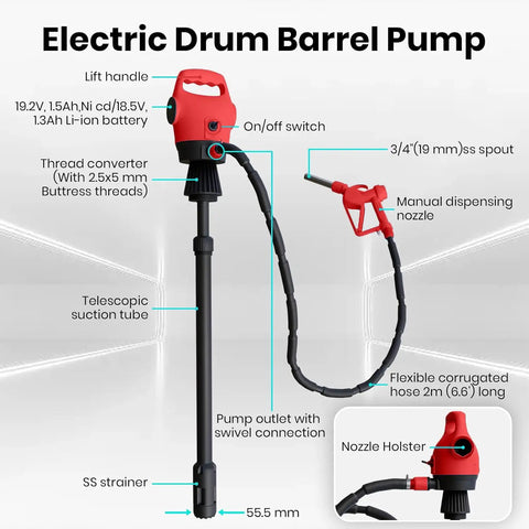 Heavy Duty Electric Drum Pump Is A Real Heavy Hitter Delivering Killer 5 Gpm Flow With Flexible Dual 120V AC And 12V DC Hookups To Move Diesel DEF Water Antifreeze, showing pump features.