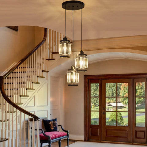 Three Light Farmhouse Pendant Light With Adjustable Ceiling Hanging Fixture And K9 Crystals In Black Finish for entryway.