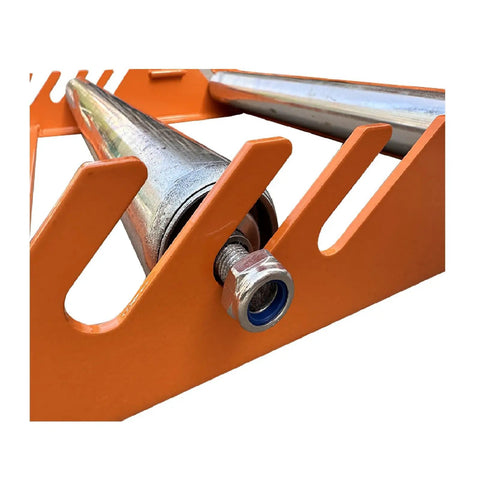 Close-up of Stainless Steel Cable Drum Roller Reel Dispenser Stand, focusing on roller details and orange frame support.