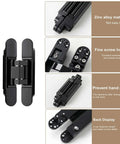 2 Pack Hidden Door Hinges 180 Degree Swing Heavy Duty 265 Lb Load Bearing for Seamless Cabinet Doors and Hidden Bookcase Doors 9.45 Inch Zinc Alloy Black, front and components view.