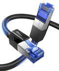Close-up of UGREEN Cat 8 Ethernet cable, 6 ft, braided black with blue translucent shielded RJ45 plugs.