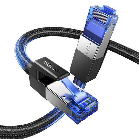 Close-up of UGREEN Cat 8 Ethernet cable, 6 ft, braided black with blue translucent shielded RJ45 plugs.